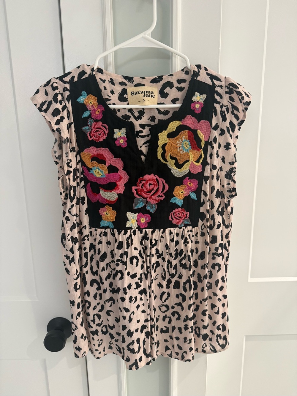 Savanna Jane Light Pink Leopard Dress with Black Embroidered Floral Bib